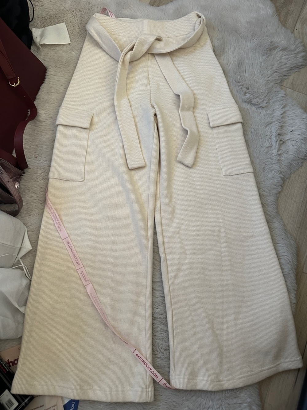 NWT CHOOSY Cream Wide-Leg Knit Cargo Pants with Self-Tie Waist